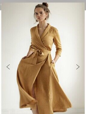 Linen Handmade Studio 100% Linen Marlena Dress In Color "Mustard", Size 12-14
